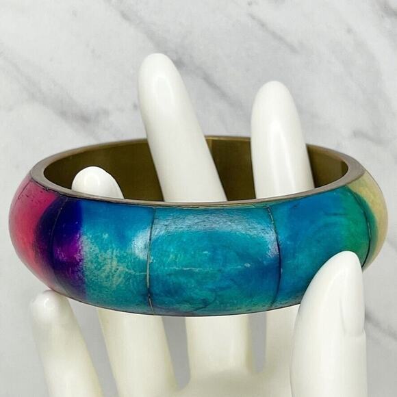 Vintage Chunky Rainbow Inlay Bangle Bracelet ✨ - Picture 5 of 6